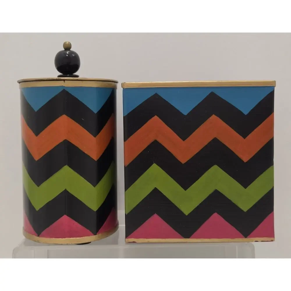 Mackenzie Childs Trampoline Boutique Set Tissue Box/Trinket Tray/ Cotton Box Set